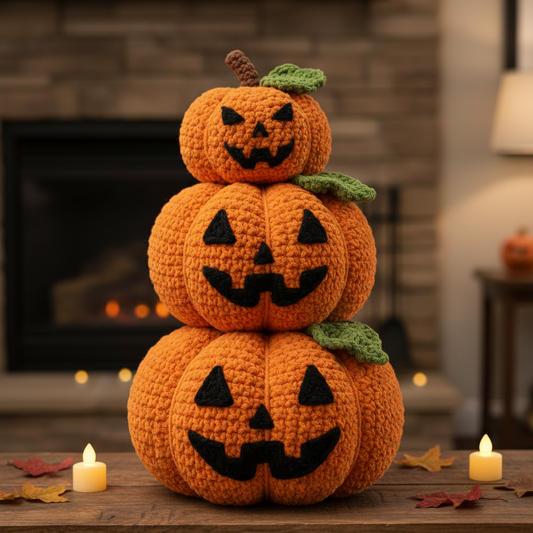 Halloween crochet materials including orange yarn, crochet hooks, and safety eyes
