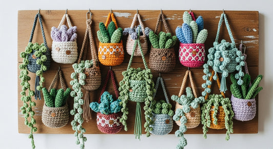 Collection of crochet plant designs including fern leaves, daisy car hangings, drooping monstera flowers, lavender pots, and hanging baskets for creative DIY decor.