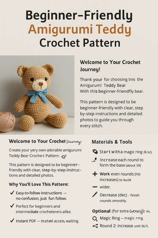 Beginner-Friendly Amigurumi Teddy Bear Crochet Pattern | Easy Step-by-Step PDF Download